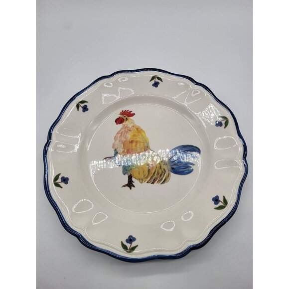 Sur La Table Jacques Pépin Blue Trim Dinner Plate Chickens Rooster Farm Country - Picture 1 of 4